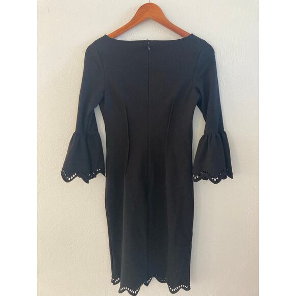 Rickie Freeman Teri Jon Bell Flare Sleeve Bodycon Laser Black Cocktail Dress 2 - Picture 6 of 7